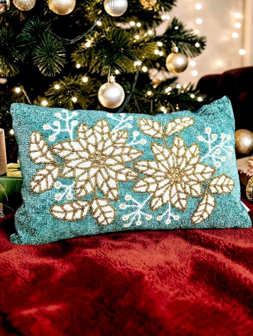 34th & PINE Beaded Poinsettia Holiday Pillow Light Green White & Gold Christmas